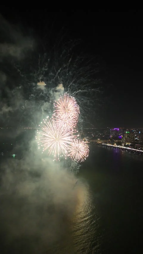Spectacular Fireworks Display Exploding Over Pattaya, Thailand Skyline Stock Footage 335842788