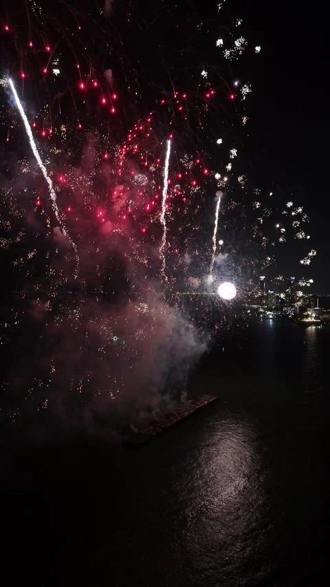 Spectacular Fireworks Display Exploding Over Pattaya, Thailand Stock Footage 335844238