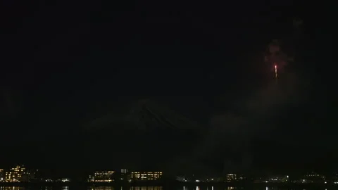 Spectacular fireworks display exploding over Lake Kawaguchiko Japan Stock Footage 339652834