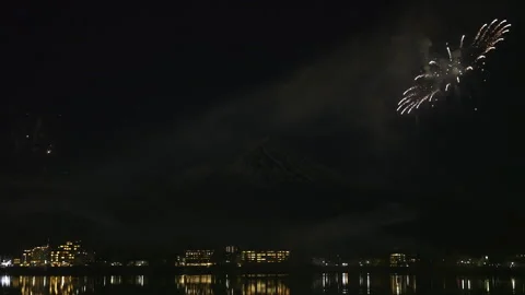 Spectacular fireworks display exploding over Lake Kawaguchiko Japan Vídeos de archivo 339653677