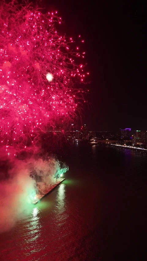 Spectacular Fireworks Exploding Over Pattaya, Thailand at Night Stock Footage 335844307