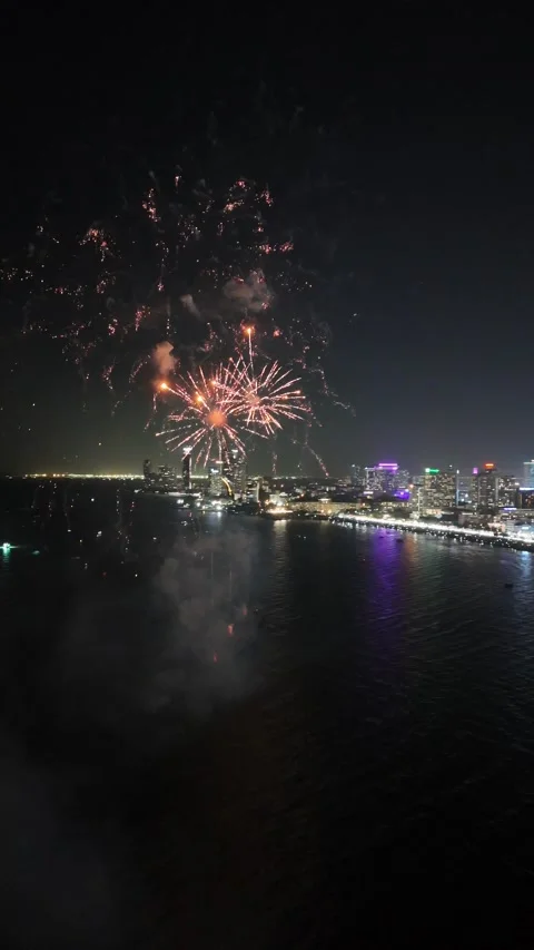 Spectacular Fireworks Exploding Over Urban Night Skyline in Pattaya, Thailand Stock Footage 335842731