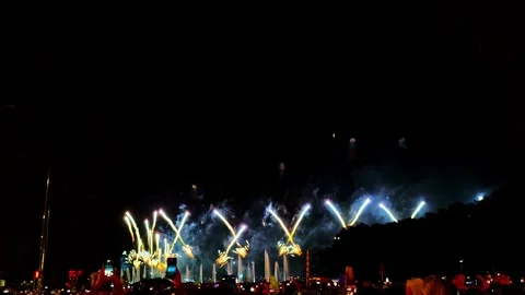 Spectacular fireworks show exploding in the dark night sky for a festive Video stock 342831968