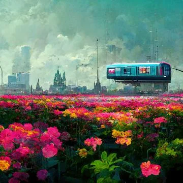 Spectacular flower garden in futuristic cyberpunk city. Digital 3D illustration. Stock Illustration