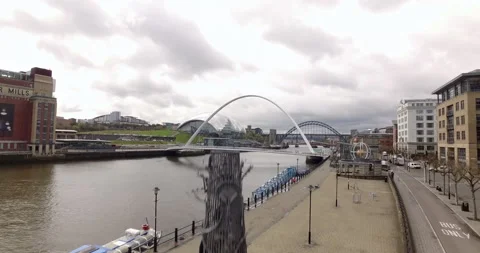 Spectacular Gateshead Millenium Bridge over River TyneShot starting with artwork Stock Footage 159136995