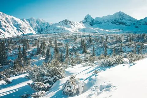 Spectacular landscape of snowy mountains in winter Stock Photos