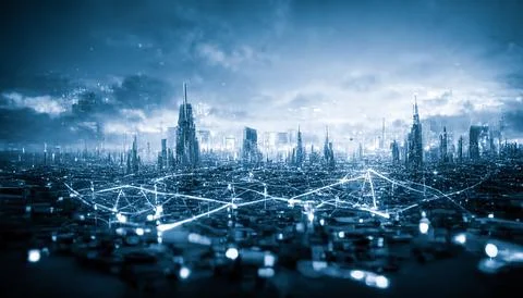 Spectacular network cables in futuristic city. Digital art 3D illustration. Illustrazione stock