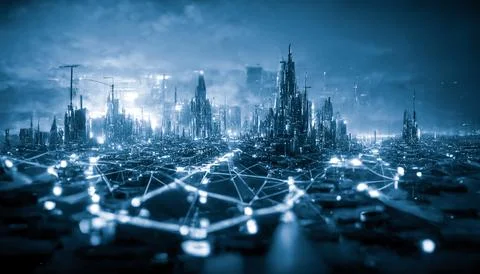 Spectacular network cables in futuristic city. Digital art 3D illustration. Stock Illustration