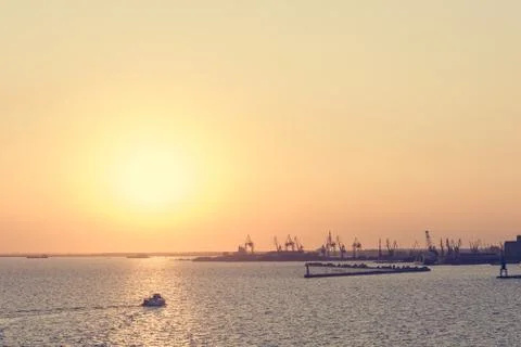 Spectacular panorama view of sun setting into Thermaic gulf. Stock Photos