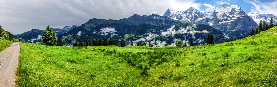 Spectacular panoramic view of Eiger, Monch, Jungfrau mountains from Murren Stock Photos