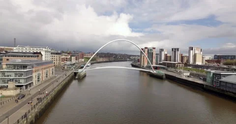 Spectacular shot of Gateshead Millenium Bridge over River Tyne Stock Footage 159142398