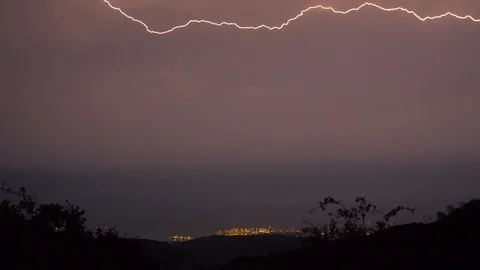 Spectacular shot of lighting bolts striking a city in the distance at night. Stock Footage