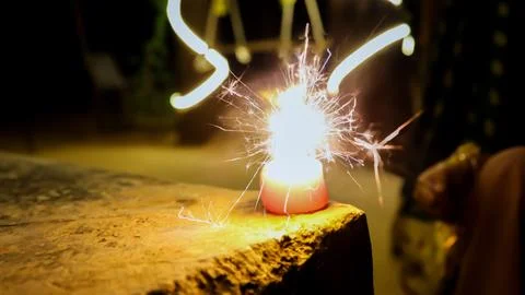 Spectacular Sparkler Firework Creating Spark Shower During Diwali Celebration Stock Photos