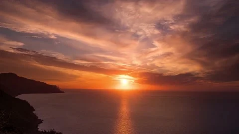 Spectacular sunset hyperlapse on the sea with cloudy twilight sky and cliffs Stock Footage 144284985
