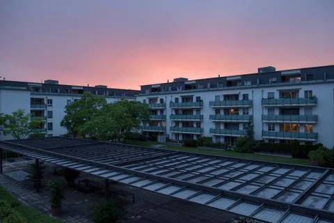 Spectacular sunset over over train station quarter in baar Stock Photos