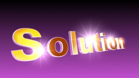 Spectacular  text 3D illustration Solution. Gold volumetric letters on a bea Illustrazione stock