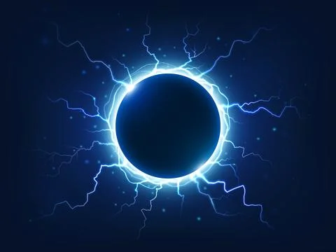 Spectacular thunder and lightning surround blue electric ball. Power energy.. Stock Illustration