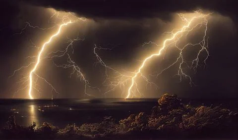 Spectacular thunderstorm lightning strikes dark night Stock Illustration