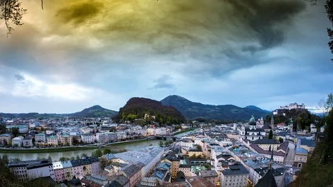 Spectacular time-lapse panorama view of Salzburg, Austria Stock Footage 96064229