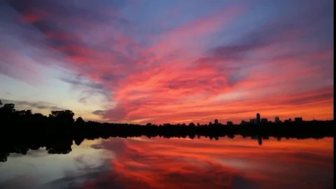 Spectacular Time-Lapse of Red Sky Sunset over Austin, TX Stock Footage 113142932