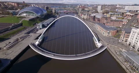 Spectacular topshot of Gateshead Millenium Bridge over River Tyne Stock Footage 159147099