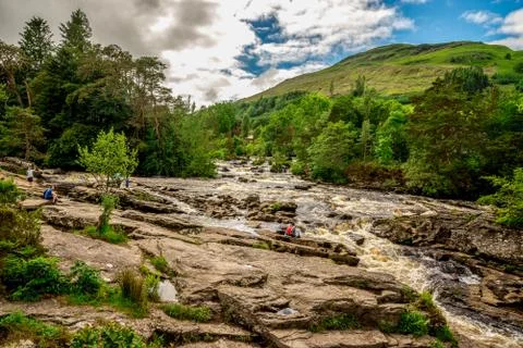 A spectacular view to Falls of Dochart from the bridge in Killin Stock Photos