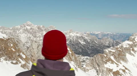 Spectacular View On High Mountain Peaks With Mountaineer Expressing Achievement Stock Footage 45914783