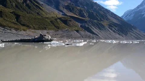 Spectacular View Of Hooker Glacier Terminal Lake And Aoraki Mount Cook. Pan Up Video stock 64173322