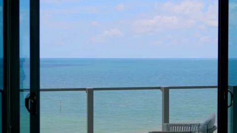Spectacular view on ocean skyline through panoramic window of splendid Stock Footage 247086215