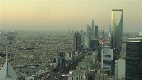 Spectacular view of skyscrapers of Riyadh at sunset from Faisaliah Tower Stock Footage 314952220