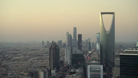 Spectacular view of skyscrapers of Riyadh at sunset from Faisaliah Tower Stock Footage 314952222