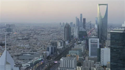 Spectacular view of skyscrapers of Riyadh at sunset from Faisaliah Tower Stock Footage 314952223