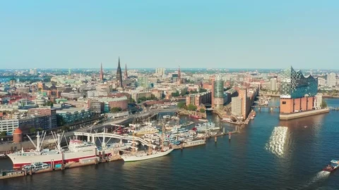 Spectacular view from the top to the urban landscape Hamburg City and Port of Stock Footage 118968478
