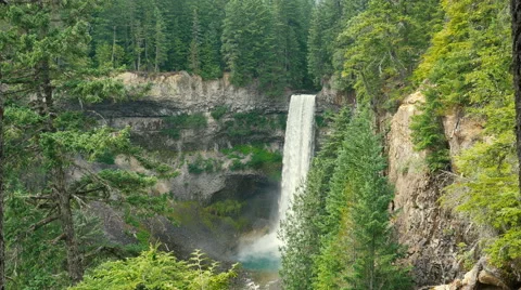 Spectacular waterfall view surrounded by spruce trees Stock Footage 63624961