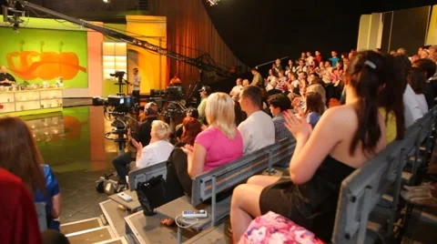 Spectators applauding in TV studio of show Culinary Battle on channel NTV in Stock Footage 981014