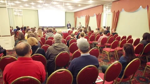 Spectators during presentation at exhibition Students International Education Stock Footage 276364768