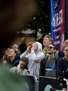 Spectators react during Speed Circus Dusseldorf climbing competition Stock Photos