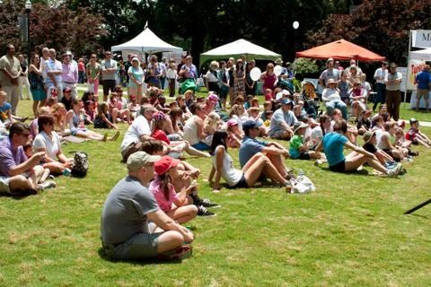 Spectators sitting on grass watch performance at festival Stock Photos