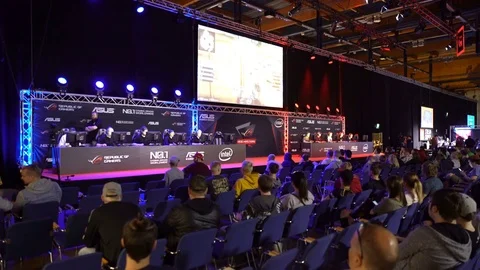 Spectators watching a computer game professionals. Stock Footage 80391483