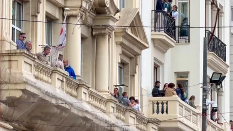 Spectators watching Fallas de Valencia festival from balconies Stock Footage 332737014