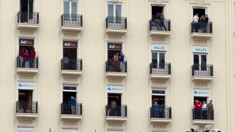 Spectators watching Fallas de Valencia festival from balconies Stock Footage 332737036