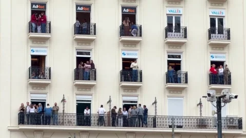 Spectators watching Fallas de Valencia festival from balconies Stock Footage 332737116