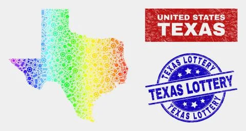 Spectral Assembly Texas State Map and Grunge Texas Lottery Seals Illustrazione stock