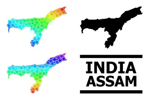 Spectral Colored Gradient Star Mosaic Map of Assam State Collage Stock Illustration