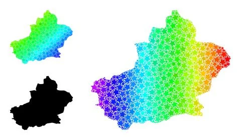 Spectral Colored Gradient Starred Mosaic Map of Xinjiang Uyghur Region Collage Stock Illustration