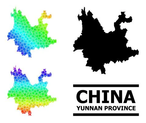Spectral Colored Gradient Starred Mosaic Map of Yunnan Province Collage Stock Illustration