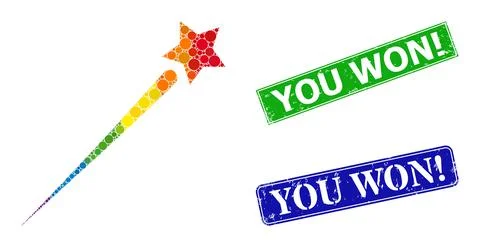 Spectral colored gradiented round dot collage flying star, and You Won! corro Stock Illustration