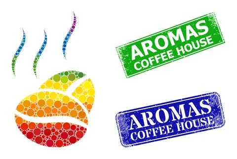 Spectral colorful gradient round dot mosaic cacao aroma, and Aromas Coffee Ho Stock Illustration