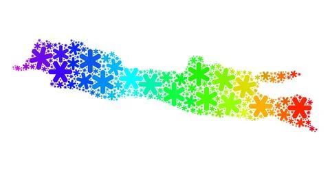 Spectral Gradiented Winter Mosaic Java Island Map with Snowflakes Illustrazione stock