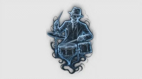 Spectral Skeleton Jazz Drummer Performing – Left-Facing Alpha Overlay Vídeo Stock 344181607
